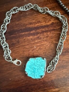 Turquoise Stone Silver-Tone Chain Bracelet - Women Jewelry art by Amy
